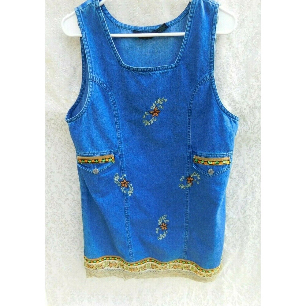 AGAZO Collection Blue Jean Denim Sleeveless Dress Size L Embroidered Flowers Vtg
